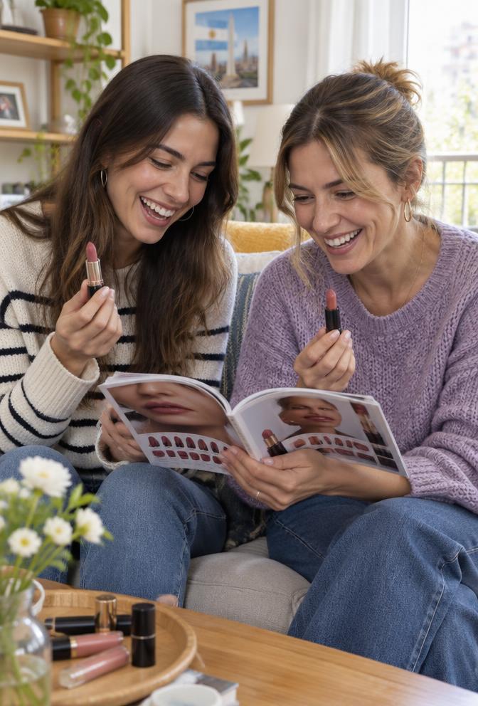 Dos mujeres sonriendo mientras miran el catálogo Arbell