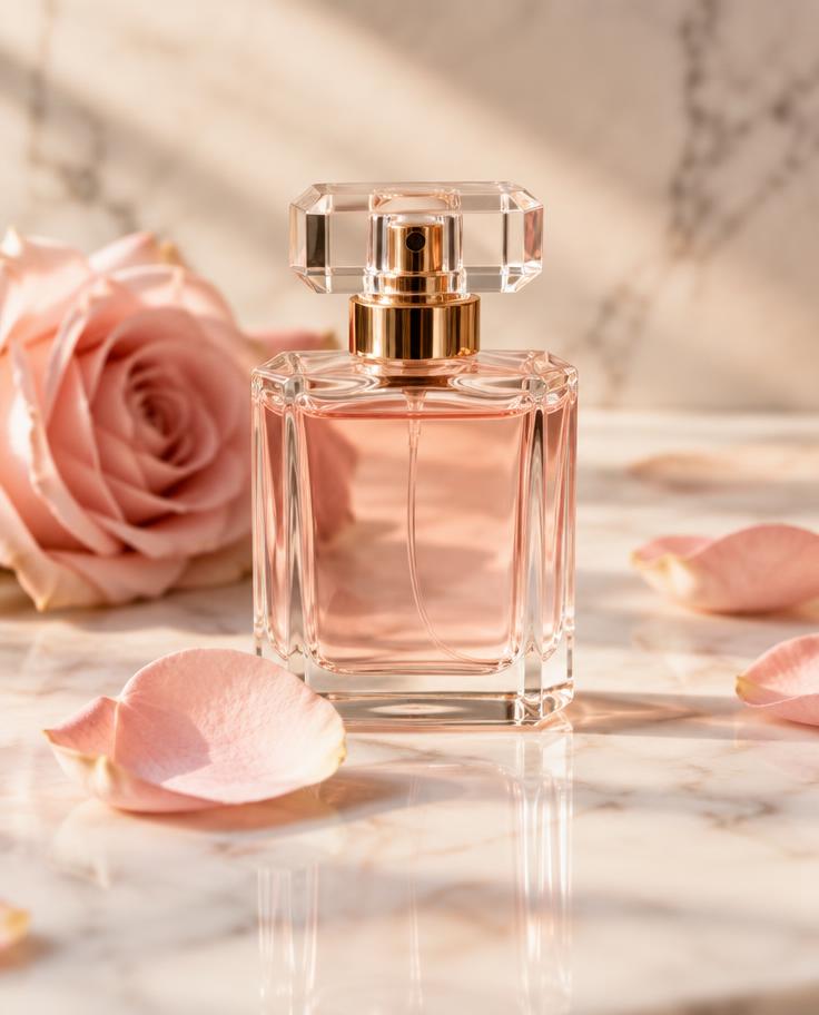 Perfume Arbell sobre mármol con pétalos de rosa